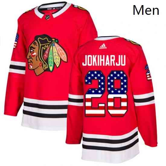 Mens Adidas Chicago Blackhawks 28 Henri Jokiharju Authentic Red USA Flag Fashion NHL Jersey